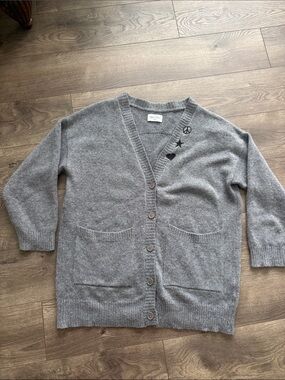 Lauren Moshi Gray V-Neck Button Cardigan with Embroidered Icons